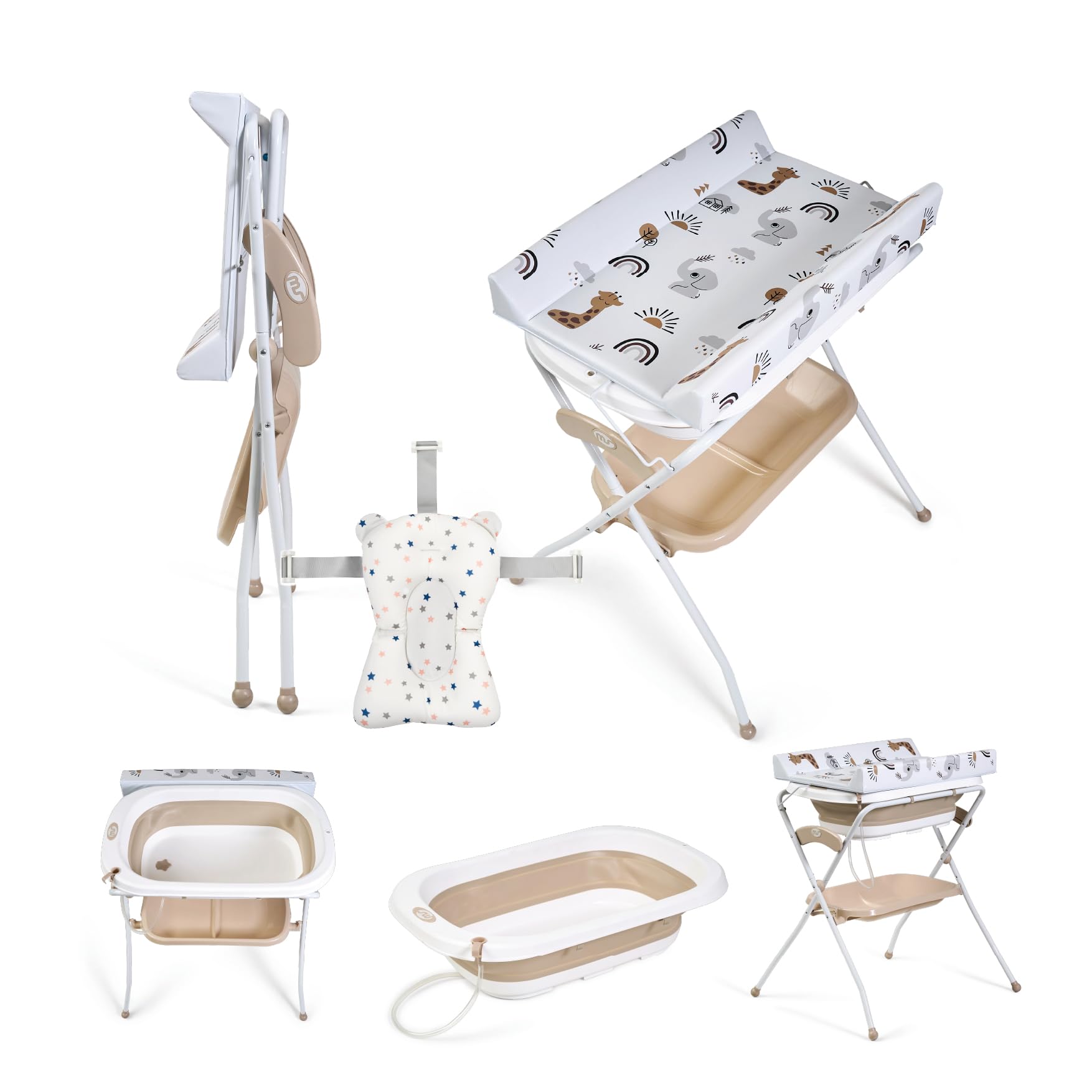 MS BabyWorld - Baignoire haute ZOE + Réducteur | Matelas à langer, coussin réducteur et panier | Confortable et facile à ranger | Avec bouchon et tuyau de vidange, pieds antidérapants, Pliable (Beige)
