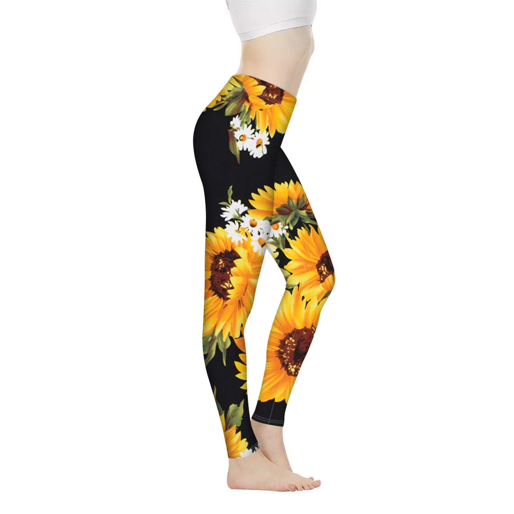 Biyejit Women's Sunflowers Pattern Sunflowers Leggings High Waisted Tummy Control Yoga Pants Workout Running Legging