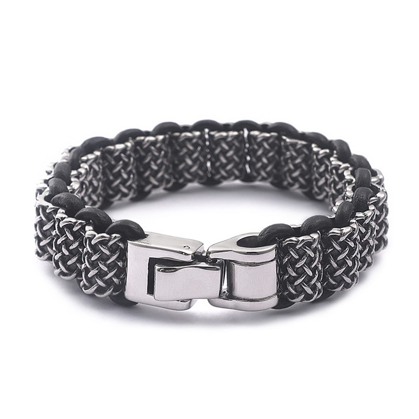 Pulsera de acero inoxidable para hombre, pulsera de cuero de 19 mm, pulsera trenzada retro, 22 cm de longitud, pulsera gótica para hombre, 22, Cuero