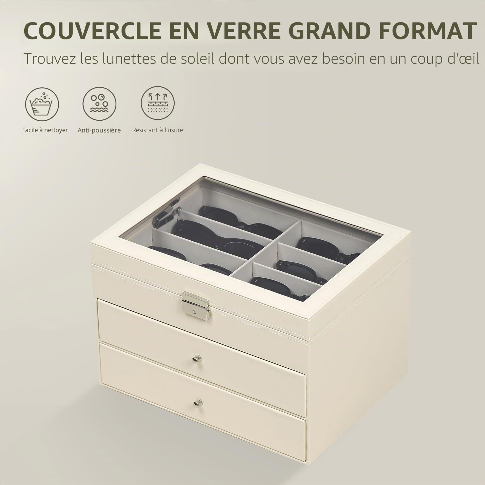 AUTOARK Étui de rangement verrouillable en cuir avec couvercle transparent pour 24 lunettes de soleil,Beige,MKAW047