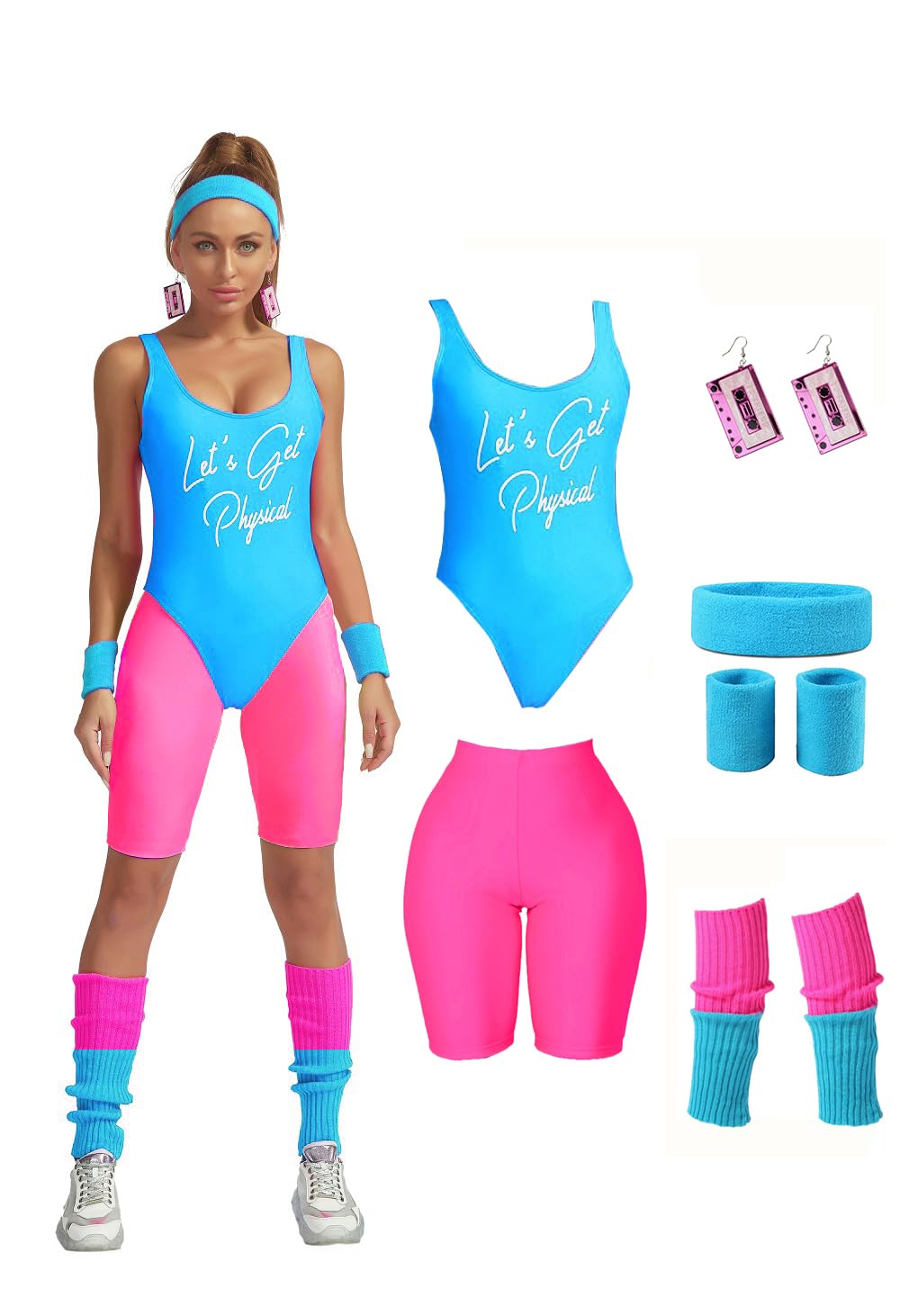 MIAIULIA Womens 80s Workout Costume Outfit 80s Accessories Set Leotard Neon Legging Headband Wristbands Set