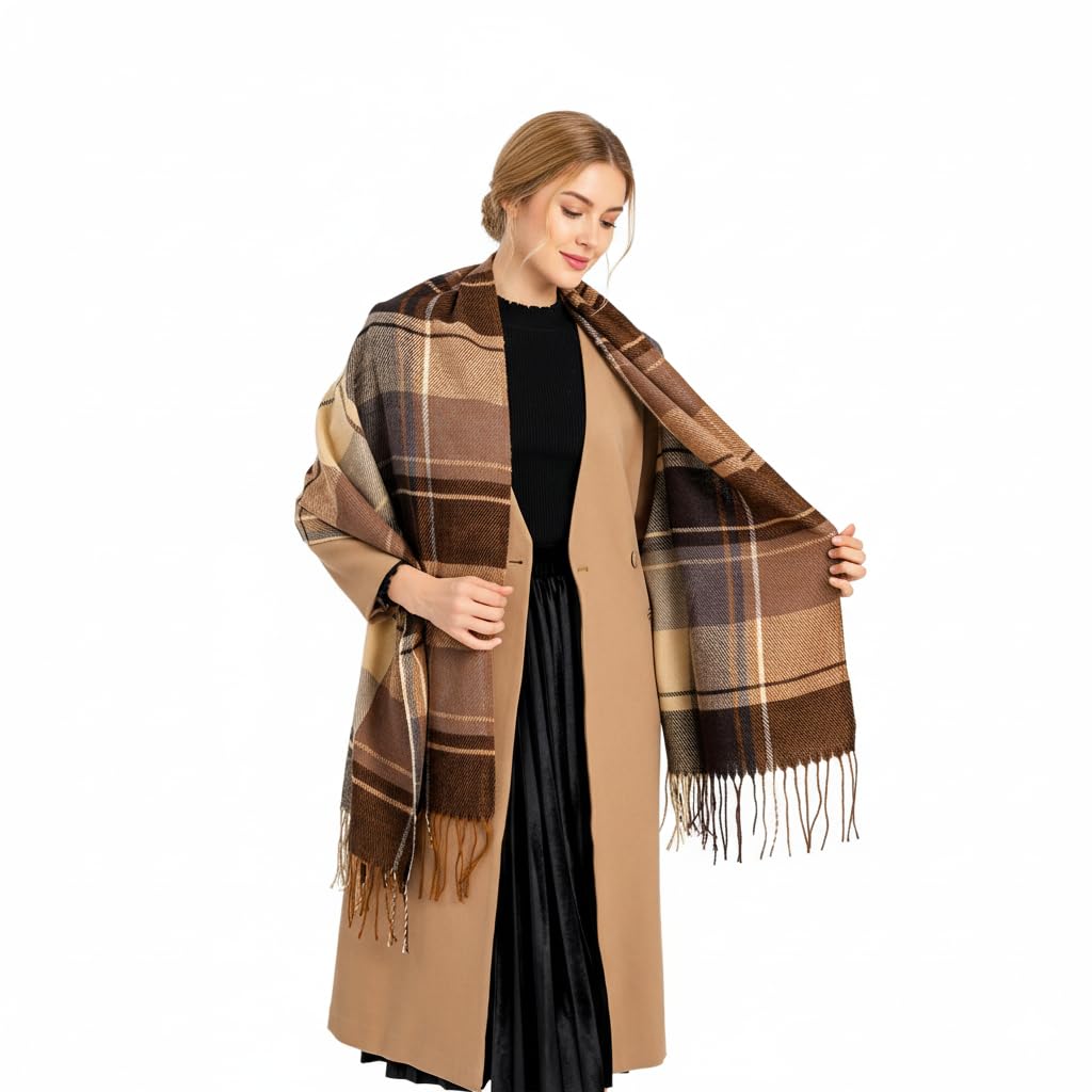 Good Nite Scarf for Women Tartan Winter Scarves Shawl Long Soft Warm Scarf Tassels Ladies Christmas Gifts (Brown)