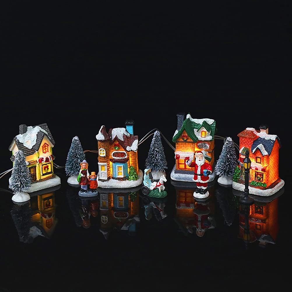Christmas Village Set Resin Christmas Scene Village LED Lighted Miniature Houses Town Christmas Village Houses Gift (A)