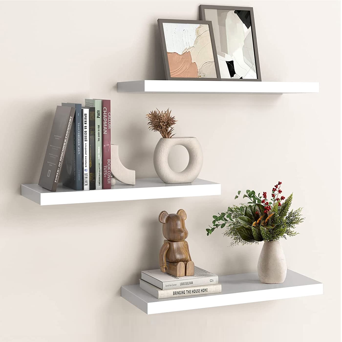 OUDIE White Floating Shelves - Wall Shelf Pack of 3, Modern Shelves for Bathroom, Bedroom, Office, Living Room Display, Kitchen Storage