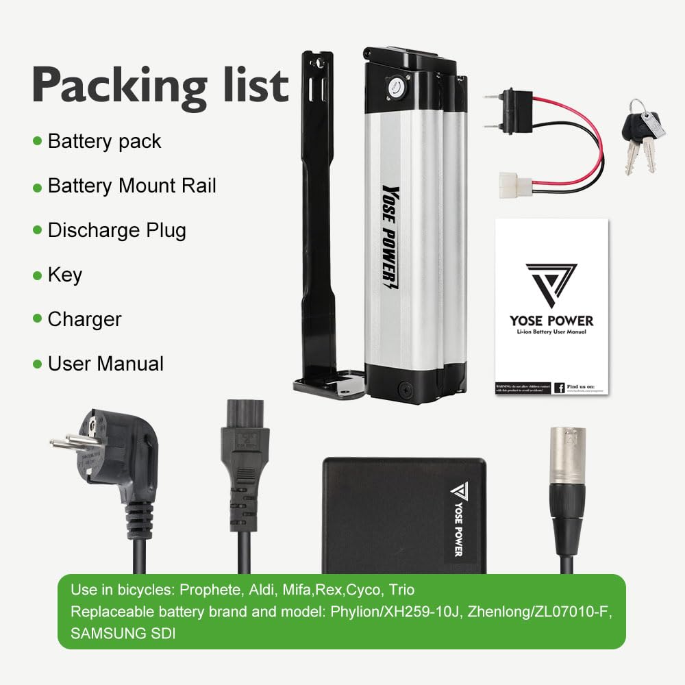 E-Bike Batterie 24V 15,6Ah Li-ion Akku Silverfish mit Ladegerät kompatibel mit Phylion/XH259-10J, Zhenlong/ZL1010-F, Phylion,MiFa, Rex (24V 15,6Ah Akku mit Ladegerät)