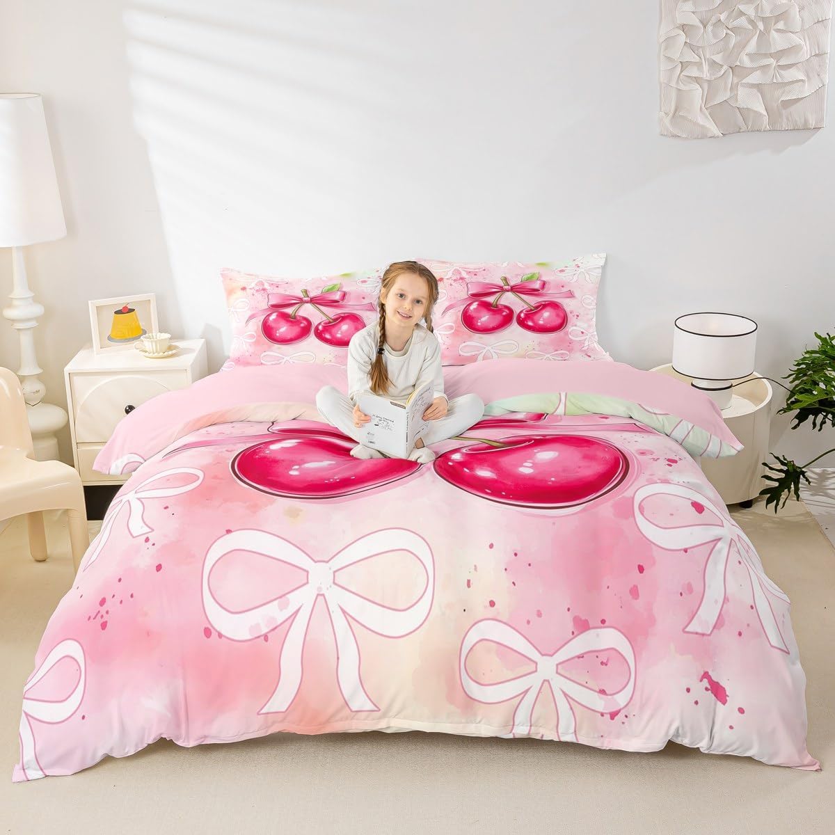jejeloiu Pink Cherry Bedding Set Cute Girly Bowknot Duvet Cover for Kids Boys Girls Pink Princess Style Comforter Cover Watercolor Bedspread Cover Bedroom Collection 2Pcs Toddler Size,No Comforter