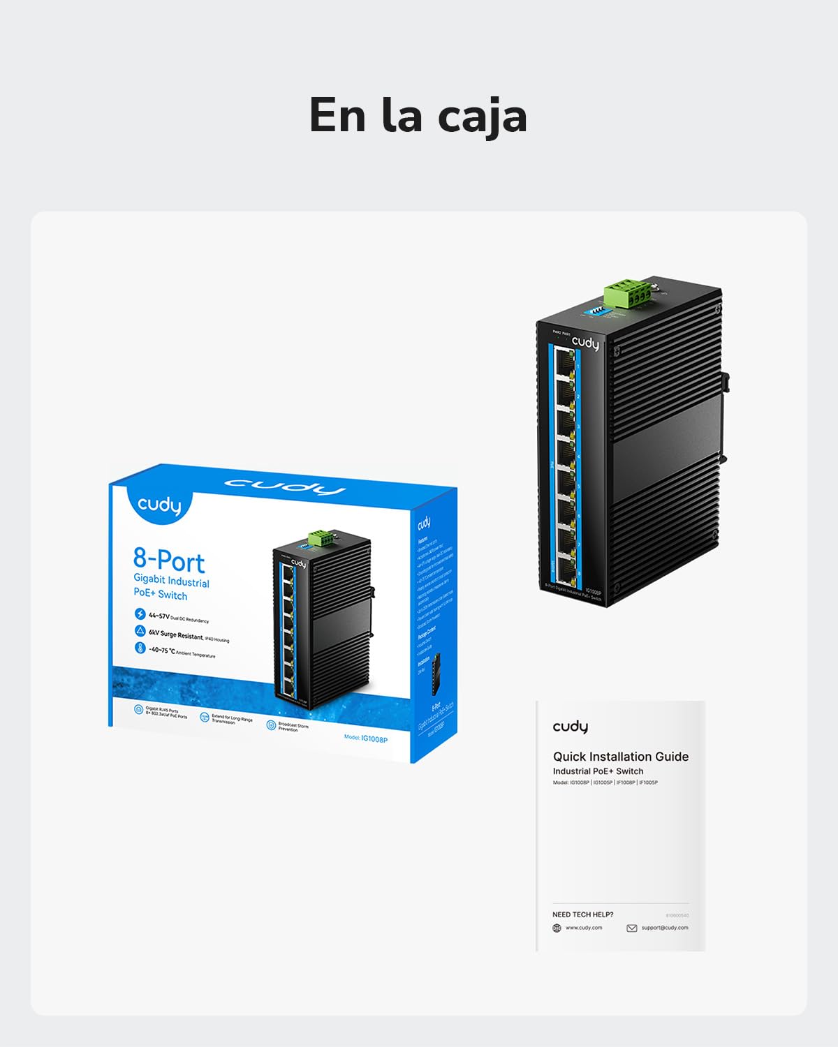 Cudy Switch PoE+ Industrial 8 Puertos, 8+2SFP, Carril DIN, -40~75C, IG1008P | 8x PoE+ 120W, 2x SFP, Carril DIN, -40~75C, Doble DC 48-57V, IP40, 6kV Sobretensión, Plug Play
