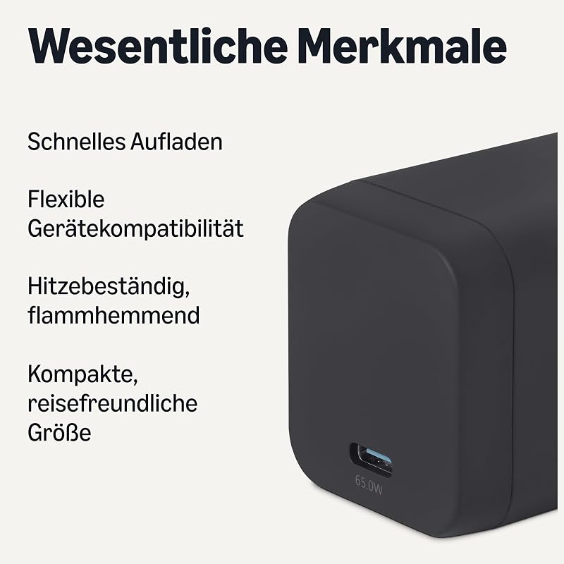 Amazon Basics 65W USB-C Hálózati Töltő GaN Technológiával - Gyorstöltés Laptophoz, Tablethez, Telefonhoz - black, 65 W one port