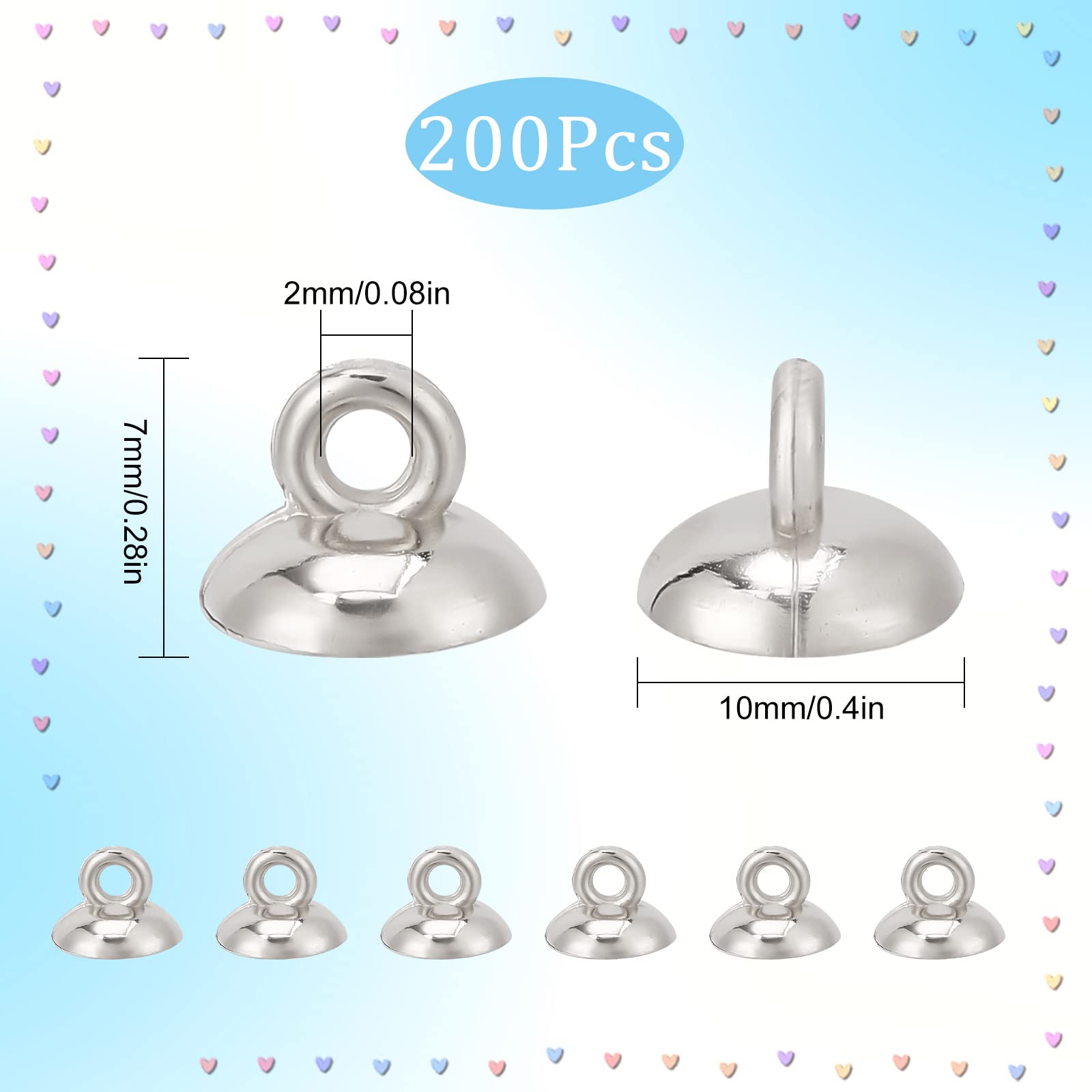 SUNNYCLUE 1 Box 200Pcs Silver Bead Caps 10mm Bead Bail Caps Dangle Charm Connector Round Bail for Jewelry Making Necklace Earrings Bracelet Women DIY Glass Ball Charms Pearl Crafts