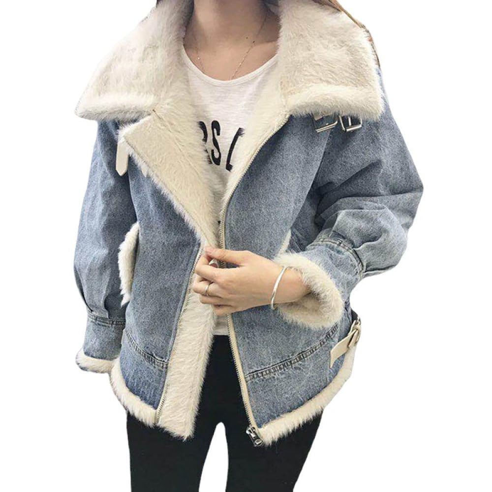 Chaqueta Vaquera De Invierno para Mujer,Chaqueta Vaquera Desgastada Forrada De Lana Cálida Parka Gruesa Recortada Informal Lavado Cremallera Manga Larga Chaqueta De Solapa Otoño Invierno Ropa De Abr