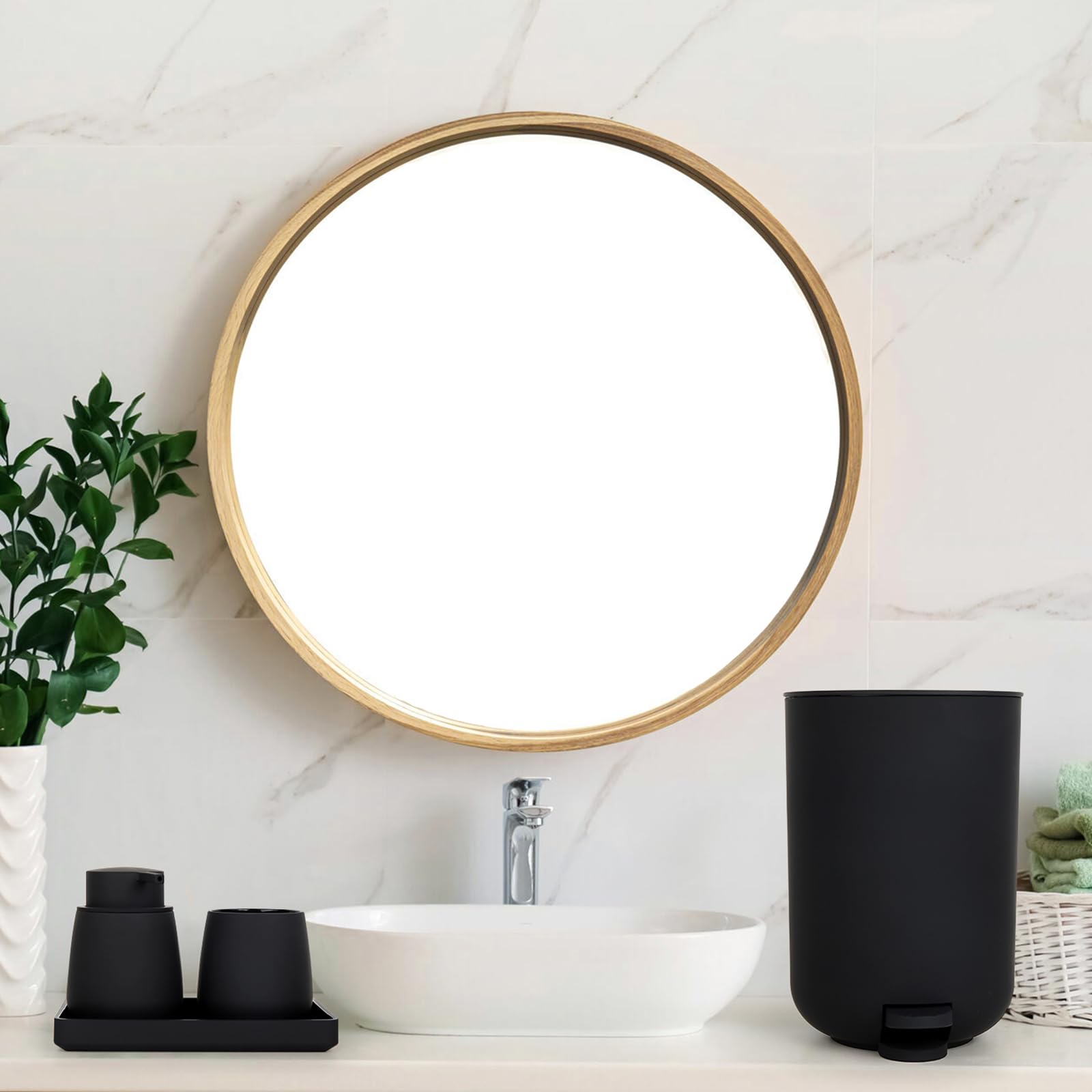 Ensemble Accessoire Salle de Bain Noir, Decoration Salle de Bain avec Distributeur Savon, Porte-Brosse à Dents, Poubelle, Brosse WC et Support, Plateau (Noir)