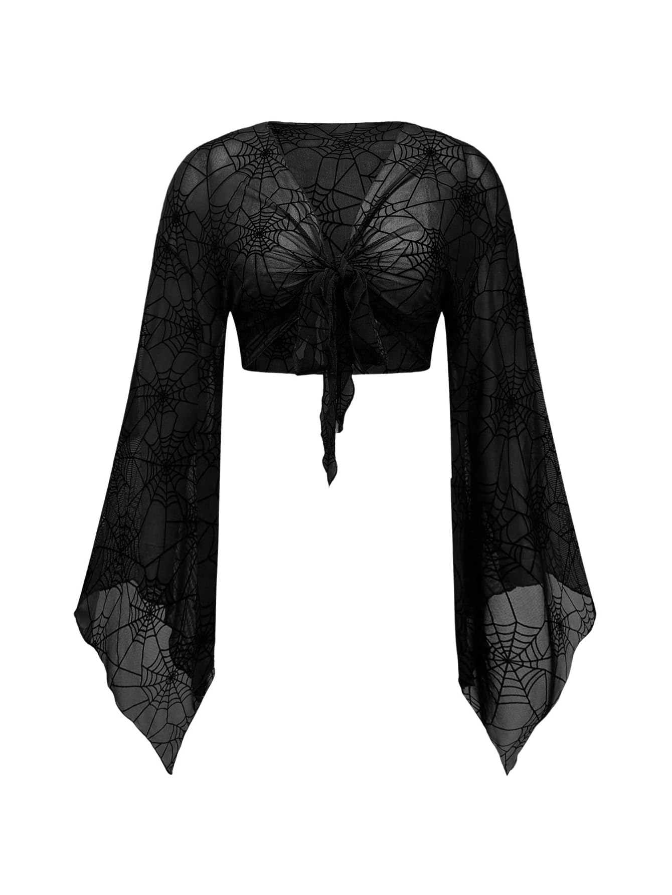 Verdusa Women's Plus Size Goth Tie Front Bell Long Sleeve Mesh Blouse Grunge Crop Top Gothic Clothes Rave Outfits: X-Large Plus Black Web