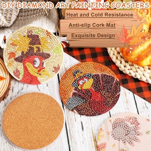 UPINS-8Pcs-Fall-Thanksgiving-Diamond-Art-Painting-Art-Coasters-with-Holder-Diamond-Turkey-Art-Kits-for-Adults-Kids-Beginners-Diamond-Craft-Supplies UPINS 8Pcs Fall Thanksgiving Diamond Art Painting Art Coasters with Holder Diamond Turkey Art Kits for Adults Kids Beginners Diamond Craft Supplies