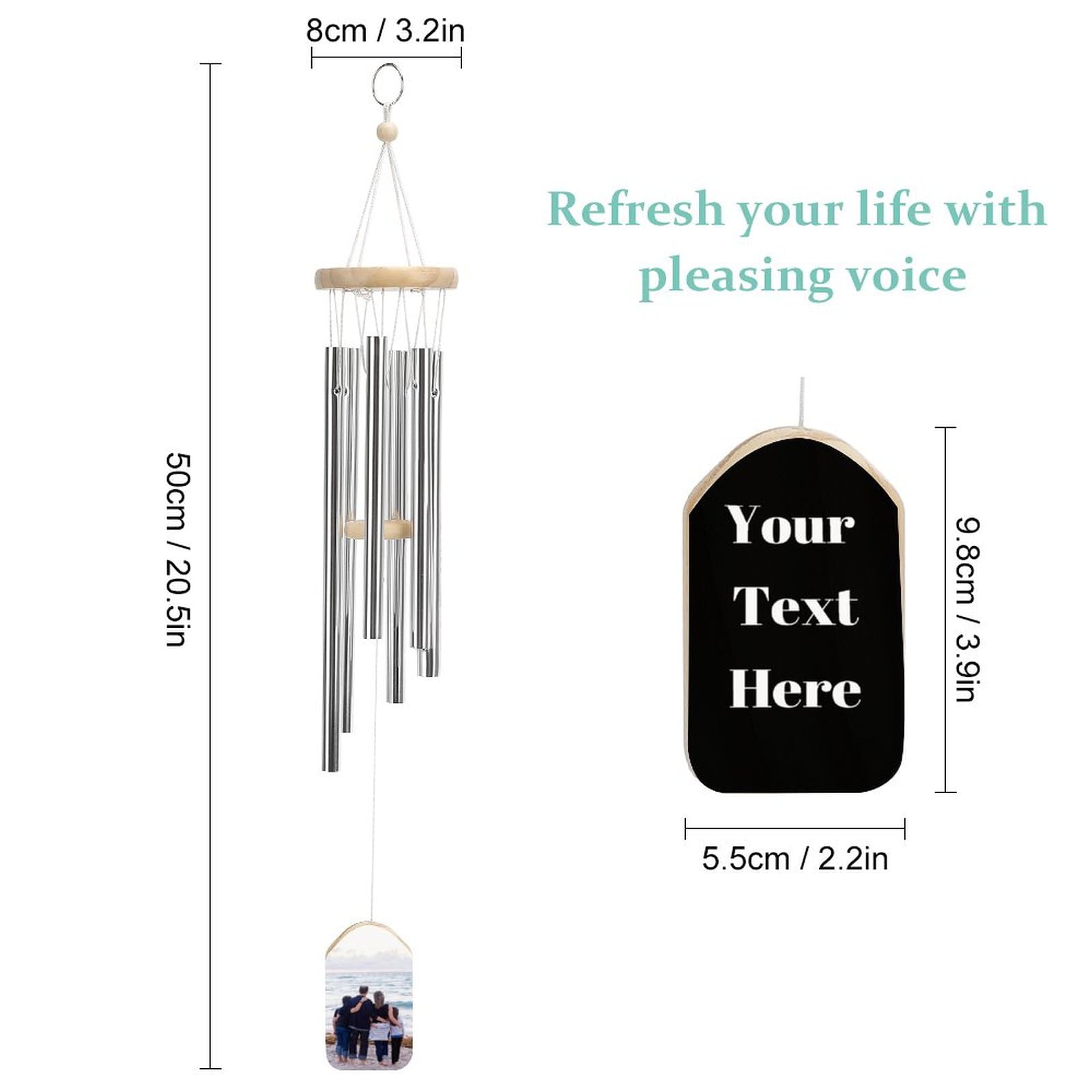 Custom Wind Chimes with Photo Text Front and Back Personalized Memorial Wind Chimes Aluminium Tubes Wooden Wind Bell Outdoor Garden Patio Decor Gift for Mom Dad