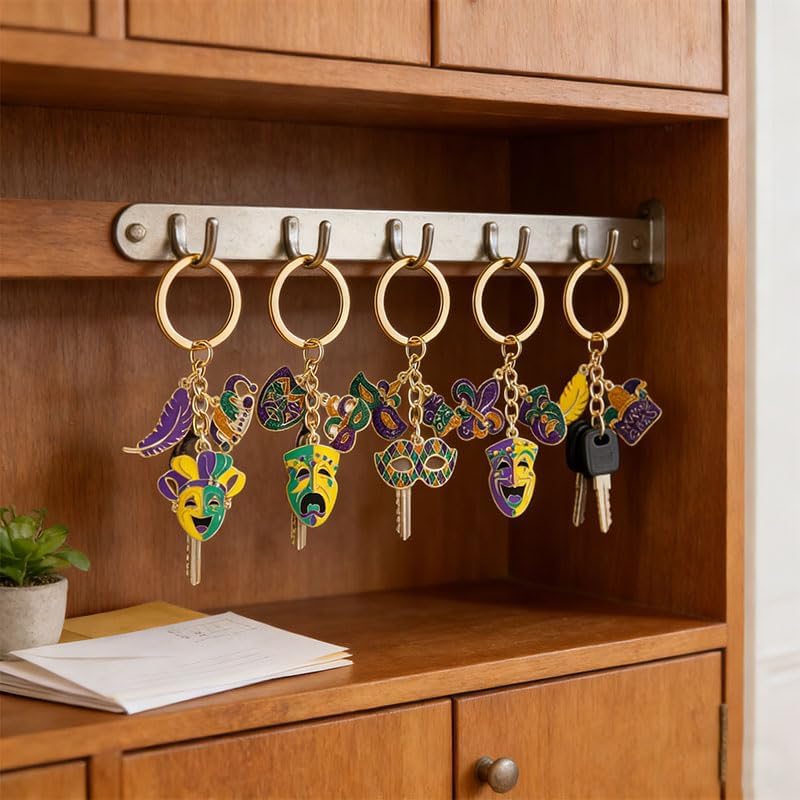 coadipress 6 Pcs Mardi Gras Keychain, Carnival Mask Crown Fleur-de-lis New Orleans Themed Purse Charm for Handbags Keyrings image 5