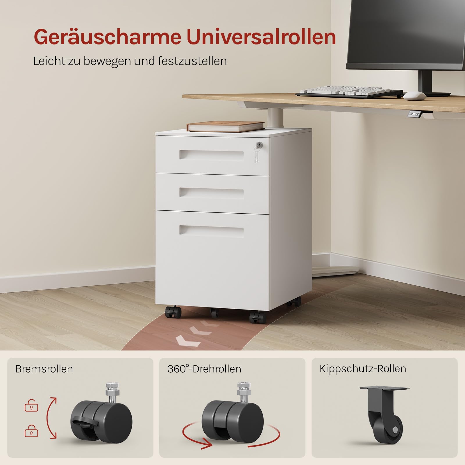 WOLTU Rollcontainer Metall, Mobiler Aktenschrank Büroschrank mit 3 Schubladen Bürocontainer, abschließbares und verstellbares Hängeregister, vormontiert, Büro, Home Office Weiß SK023ws