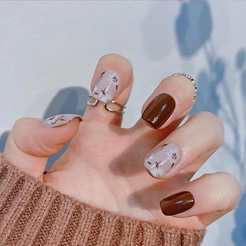 24 uñas postizas medianas a presión con forma cuadrada, color rojo vino, con diseños de flores, uñas acrílicas de otoño, cobertura completa, uñas