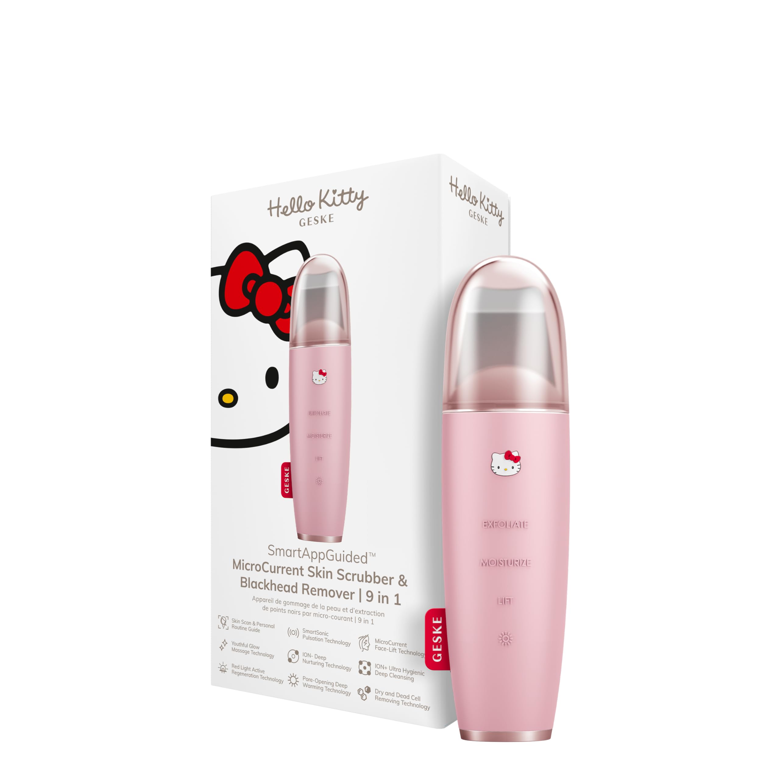 GESKE x Hello Kitty | Dispositivo a microcorrente per l'esfoliazione e la rimozione dei punti neri SmartAppGuided™ | 9 in 1 | Cura della pelle e pulizia del viso | Anti-età | Lifting facciale
