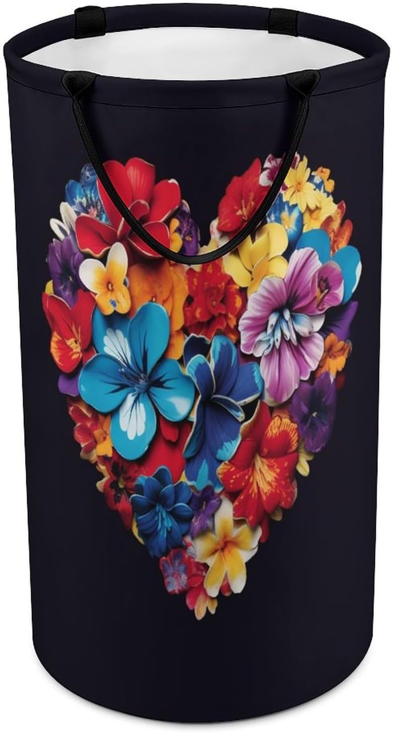Large Laundry Hamper with Handle Waterproof Laundry Basket Collapsible Dirty Clothes Hamper Color Heart Flowers Laundry Bag for Clothes Toys in Bedroom 15.7x27.2 In
