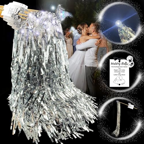 VEEKAY 30 Stück Leuchtwedel Hochzeit,Wedding Wands mit Led,Beleuchtete Hochzeitsstäbe,LED-Bandstab,Glocke,Segenskarte,Zauberstäbe Hochzeit Luftschlangen,Gastgeschenke Partys für Hochzeiten,Geburtstage