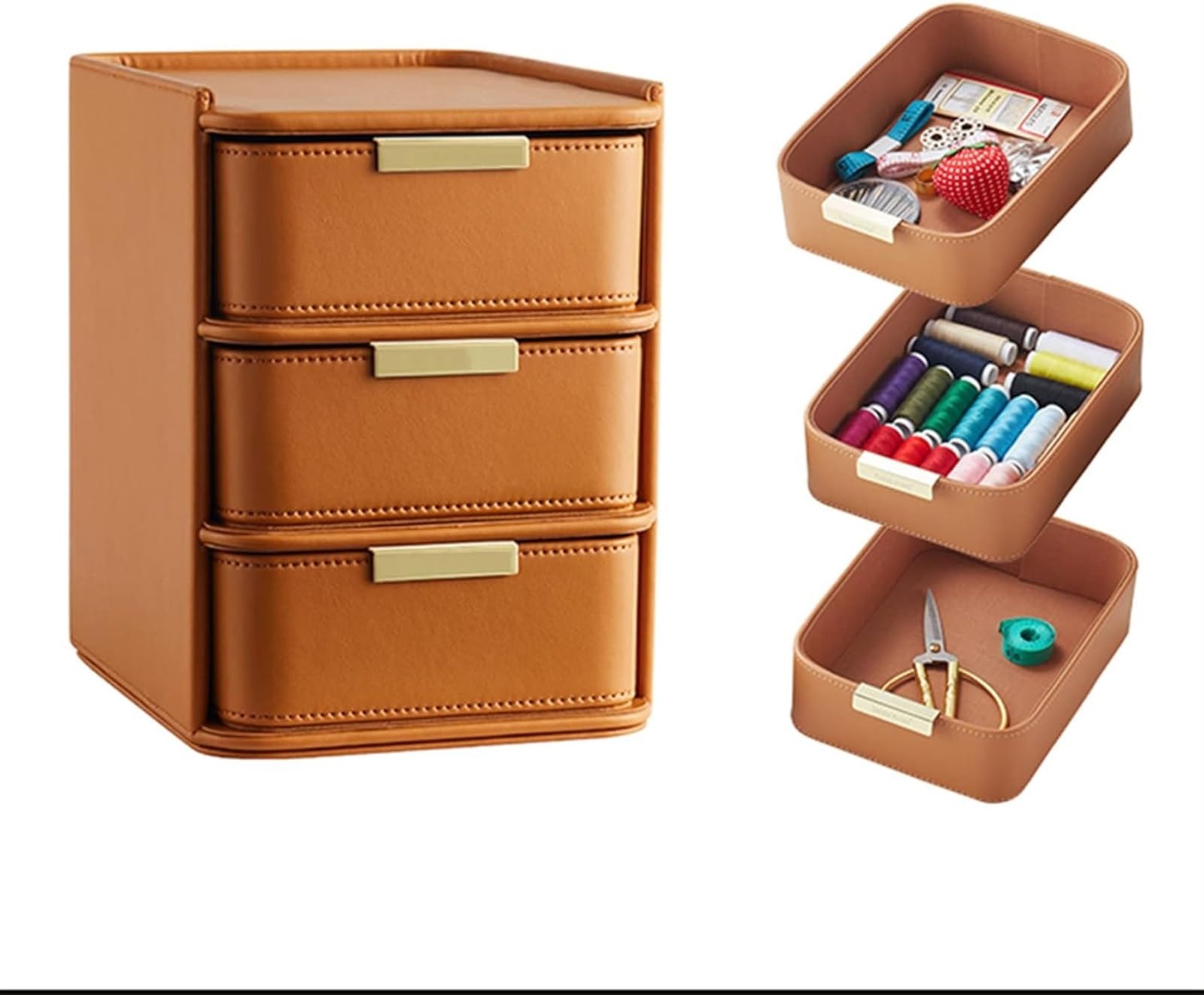 KanDuo Nähzubehör, Nähset, Nähset-Set, mit Zubehör, Lederschublade, Nähkasten, Aufbewahrungsbox, Heim-Näh-Reparatur-Werkzeugset for Anfänger, Damen und Herren, Orange