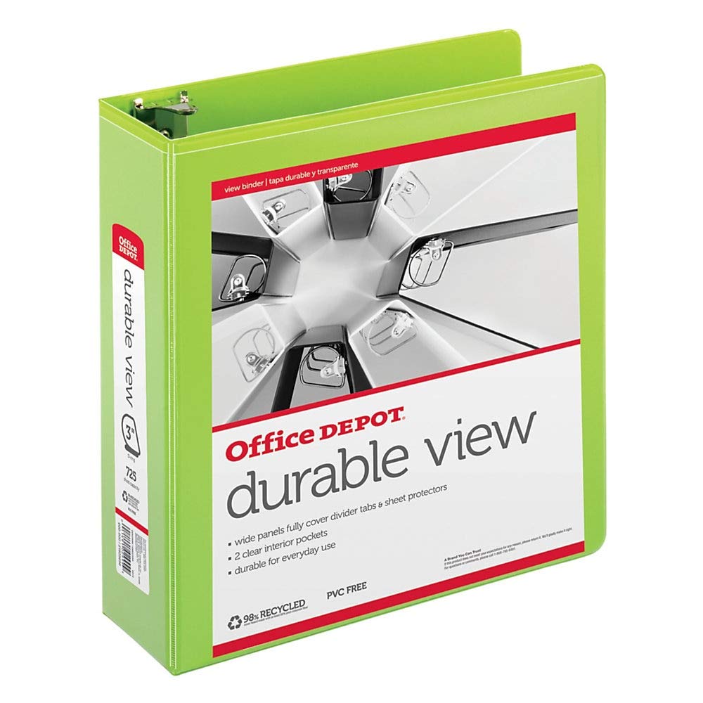 Office DepotBrand Durable D-Ring View Binder, 3" Rings, 60% Recycled, Green