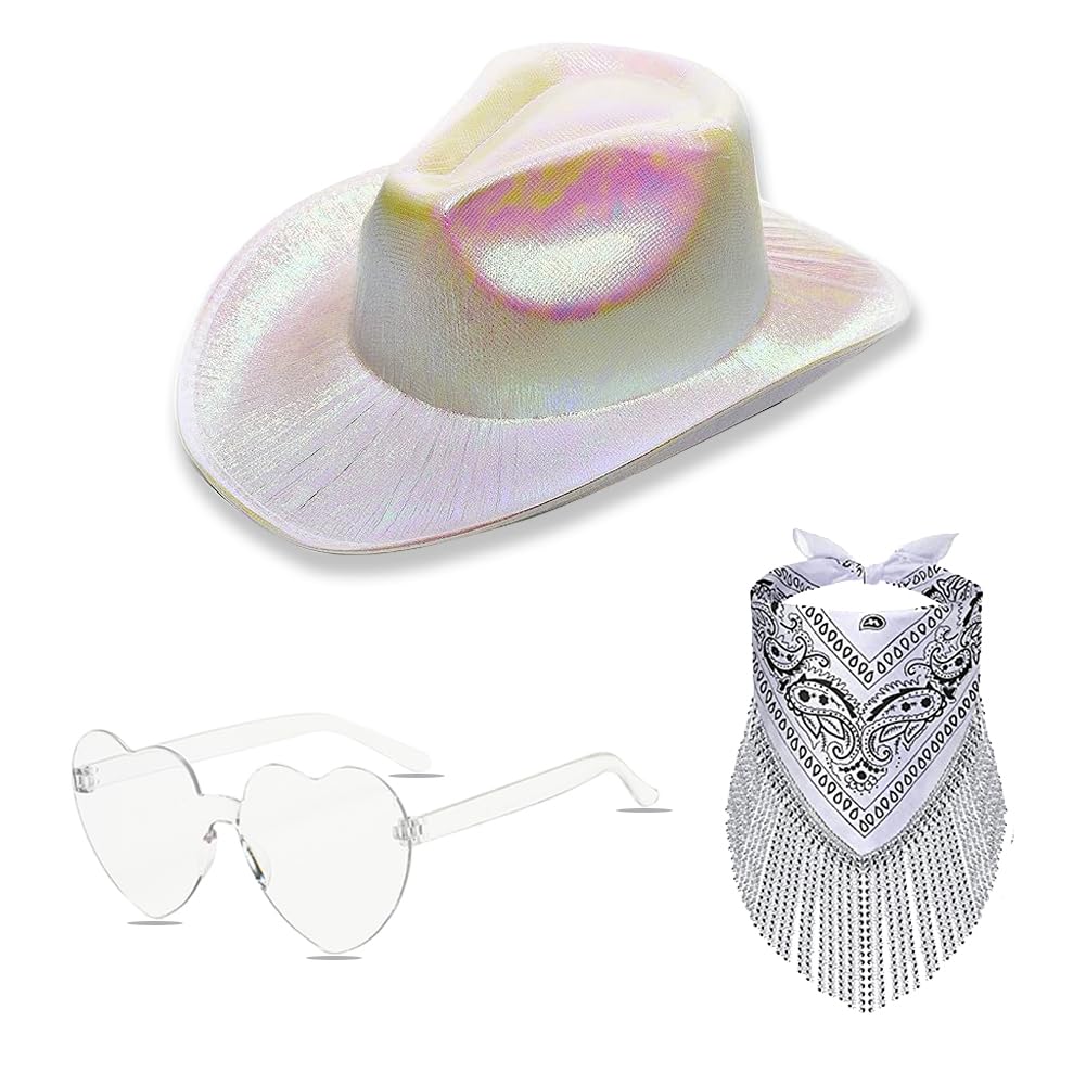 ZOOMPIL Sombrero Vaquero Rosa, Sombrero Vaquero para Mujer, Sombrero Vaquera Rosa, con Gafas y Bandana Rosa, para Despedida de Soltera, Disfraces de Halloween