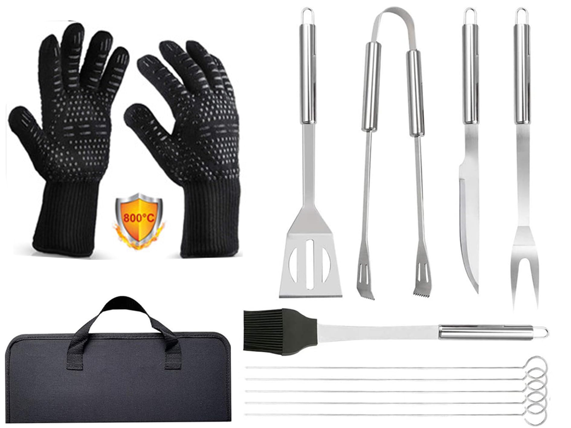 Kit Barbecue 9 Pièces en Acier Inoxydable avec Gants 800°C - Ustensiles de Cuisine pour Grillade