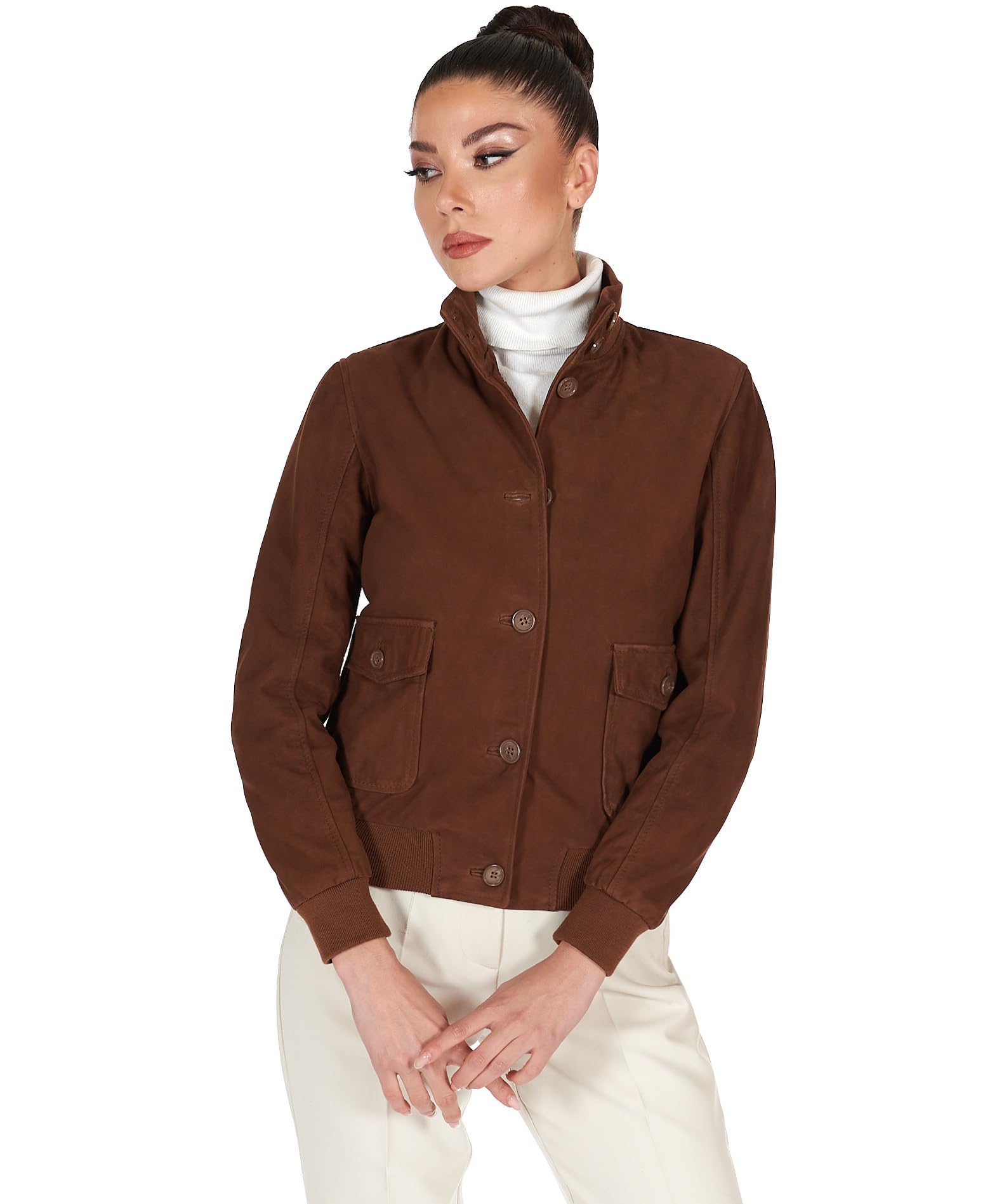 D'Arienzo Bomber in Pelle Scamosciata Colore Beige Donna Giubbotto con tasconi Vera Pelle Faty