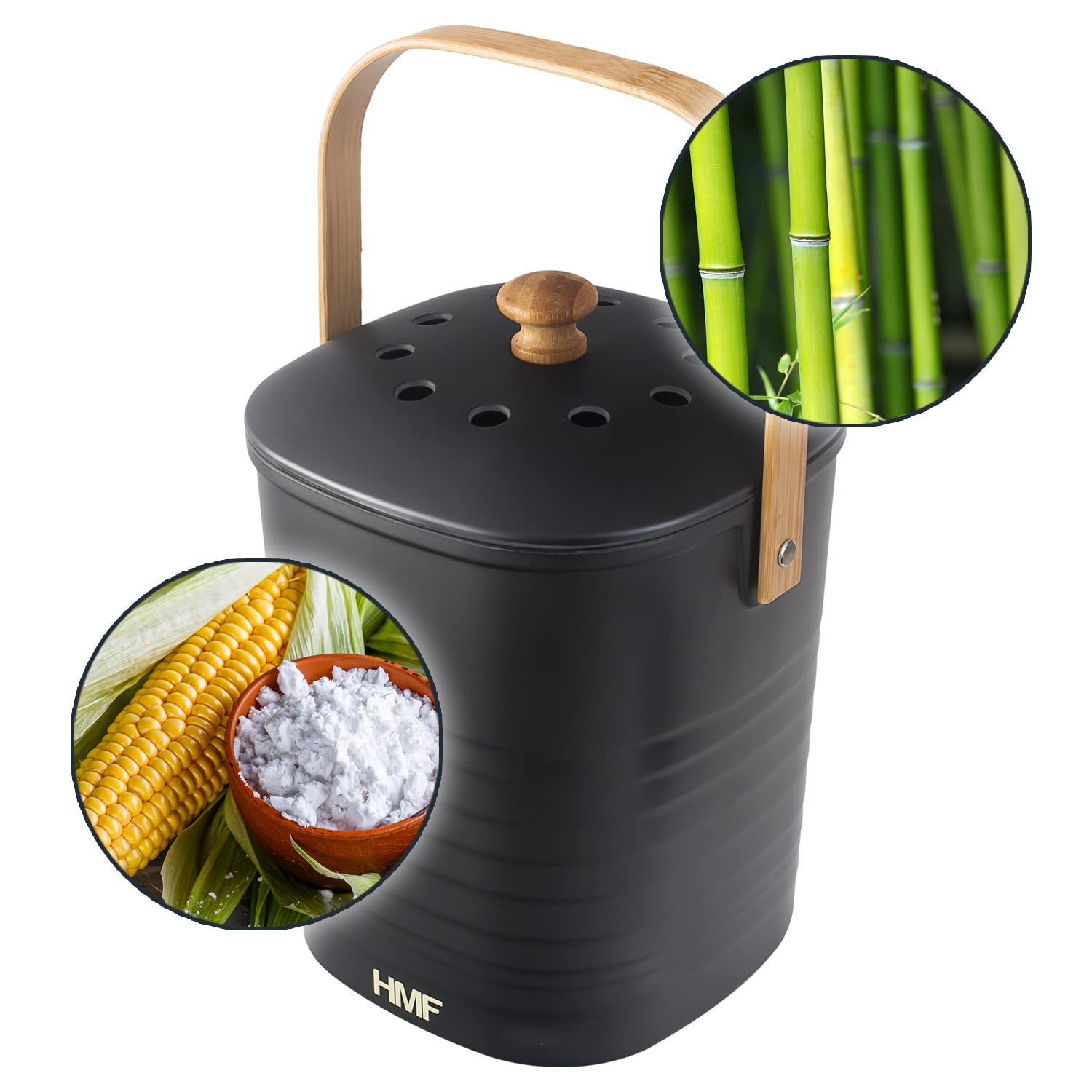 HMF Sustainable Organic Kitchen Waste Bin, 3L, Black (Bamboo Fiber, Corn Starch) - Image 3