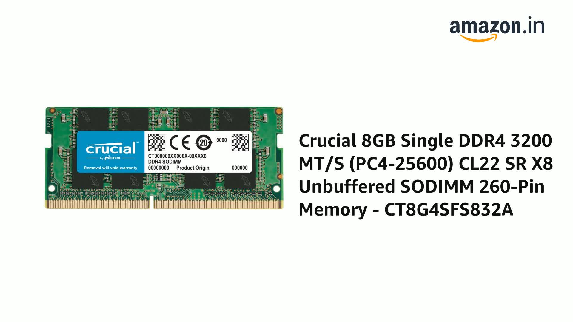 Crucial 8GB Single DDR4 3200 MT/S SODIMM 260-Pin Memory