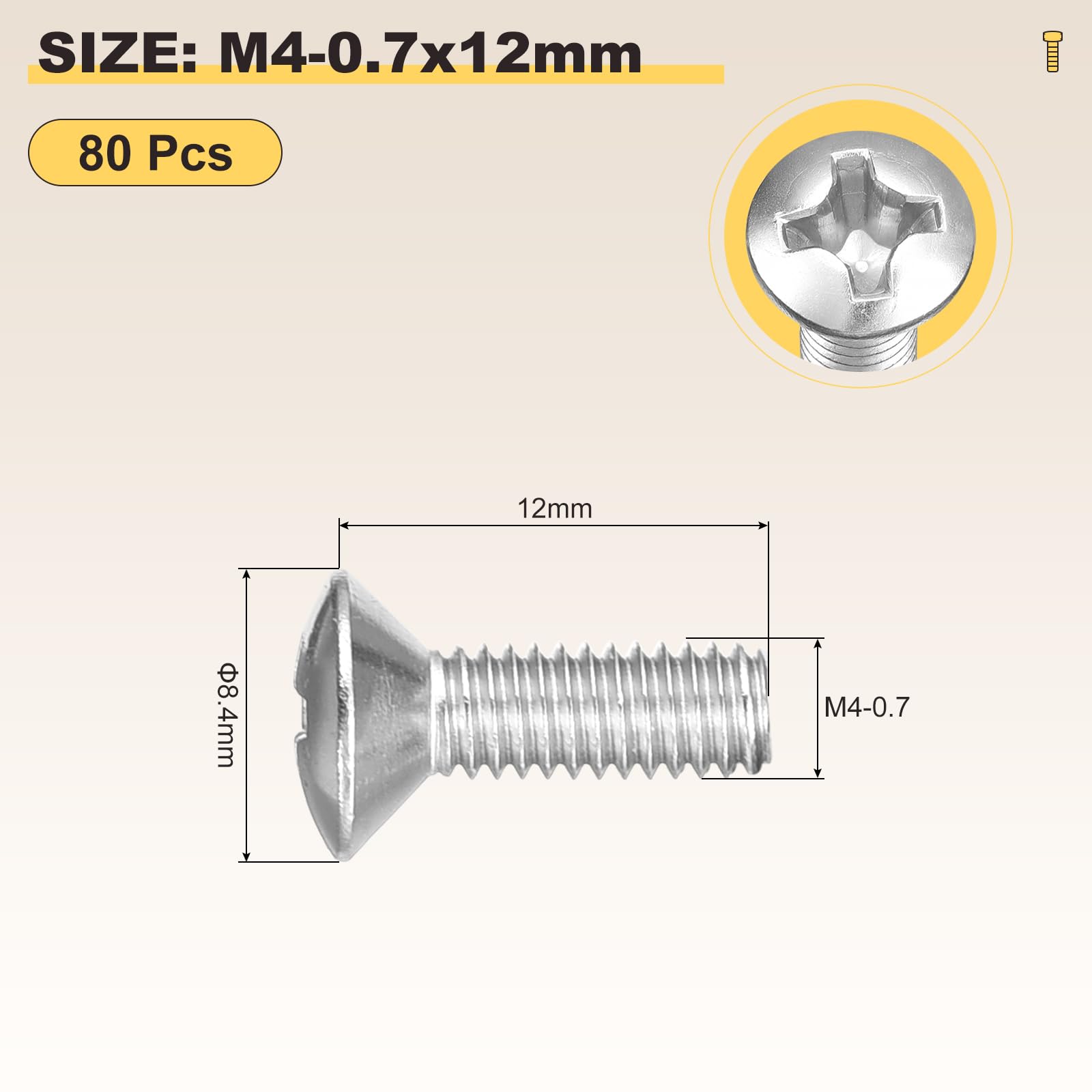 METALLIXITY Phillips Cross Recessed Countersunk Head Screws Bolts (M4-0.7x12) 80Pcs - Image 2
