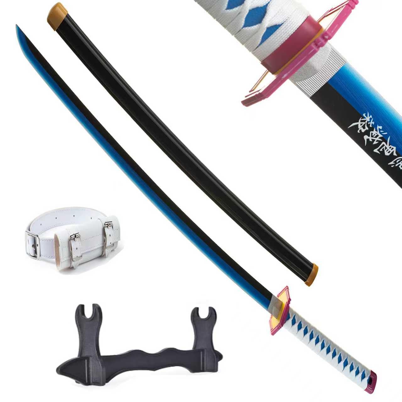 Demon Sword Katana Holz (Tomioka Giyuu) Set mit Gürtel und Ständer 102 cm Blau-schwarzes Bambus-Samuraischwert (stumpf) – Anime-Cosplay-Kostümwaffe