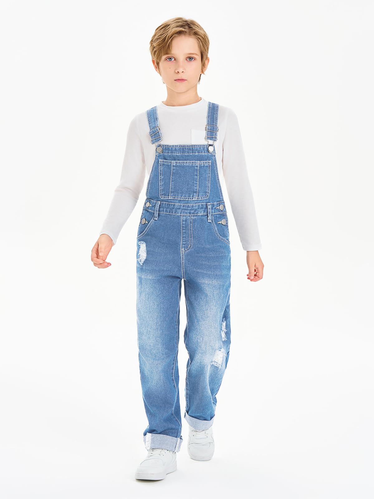 Haloumoning Salopette in denim per bambini con spalline regolabili, 5-14 anni | Pantaloni in denim per bambini, comode tasche per attrezzi, vestibilità ampia