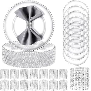 50 Pack Clear Charger Plates Set, 50 Pcs Silver Napkin Rings 13 Inch Round Serving Plates with Silver Beaded Rim Plastic Dinner Decoration Plates, Wedding Party Banquet Events Kitchen Decor
