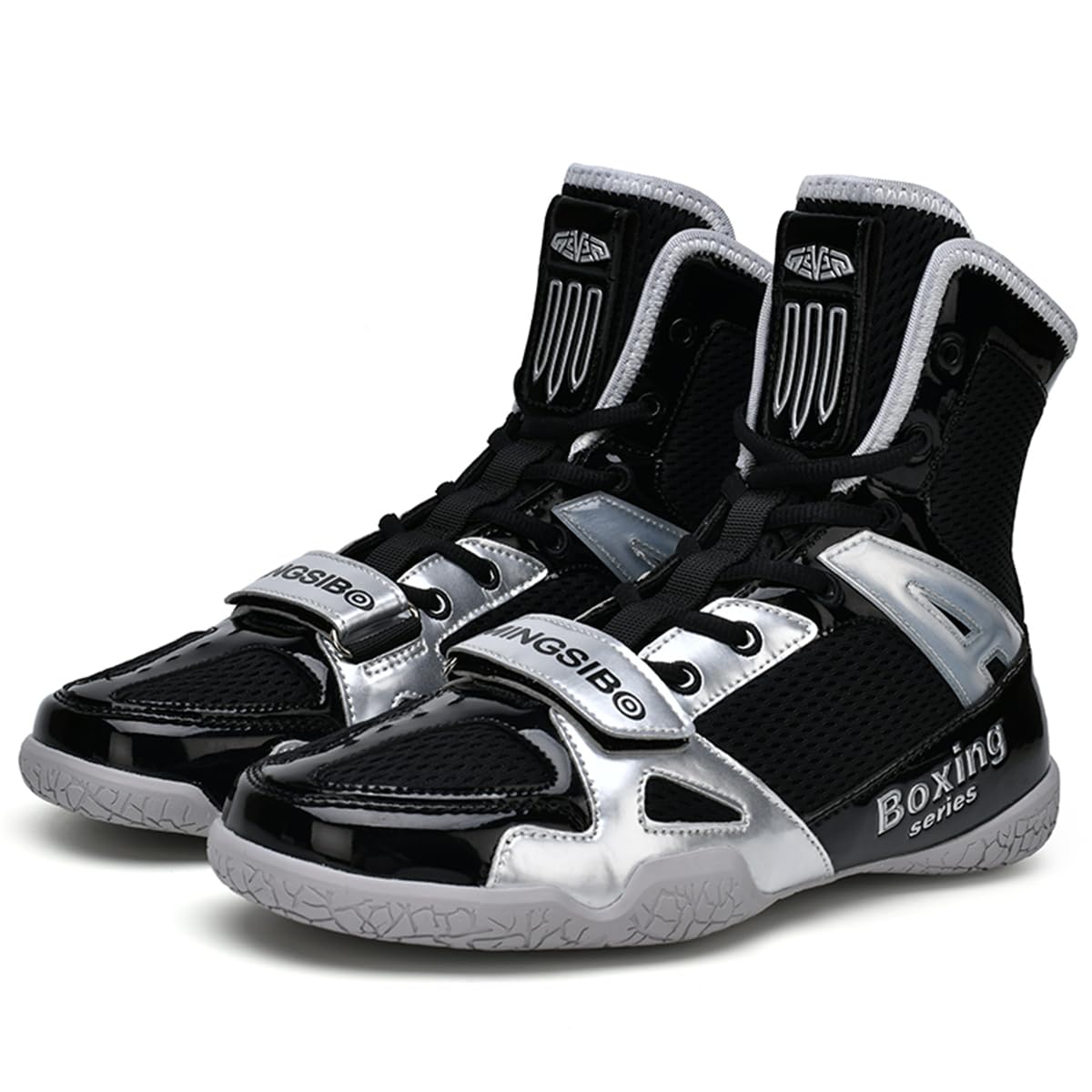 Calzado de Boxeo para Hombre, Botas de Lucha Profesional para Chicos, Zapatillas de Entrenamiento Transpirables Negro-Plata EU 32