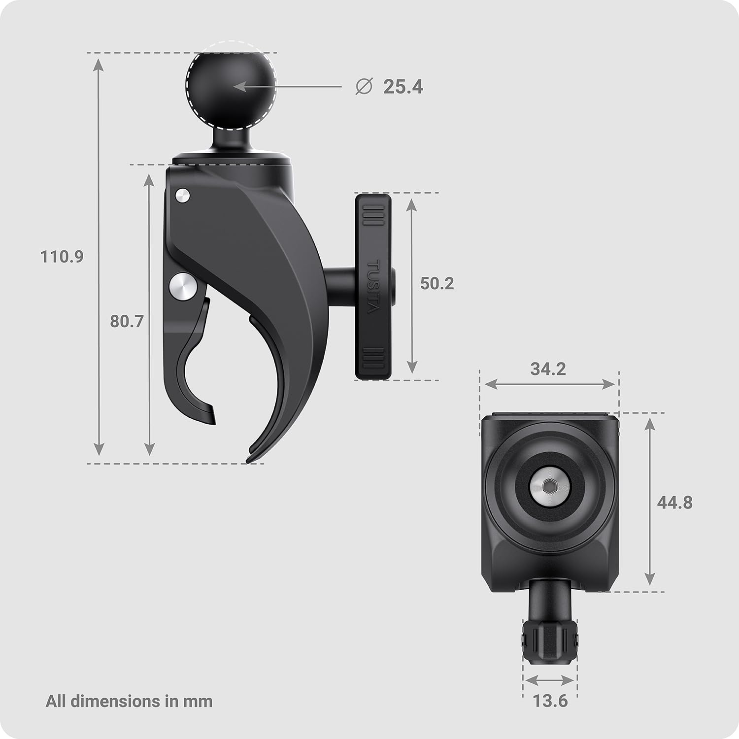 TUSITA Tough-Claw Piccola Base di Serraggio con 1" Sfera Dimensione B per Binari con 0.625" a 1.5" Diametro