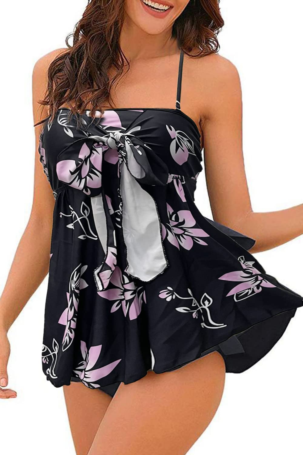 NLAND Trajes de baño Tankini para Mujer Dos Piezas Conjunto de Bañador Estampado Volantes Swimsuit con Halter Push Up Top y Bragas para Piscina