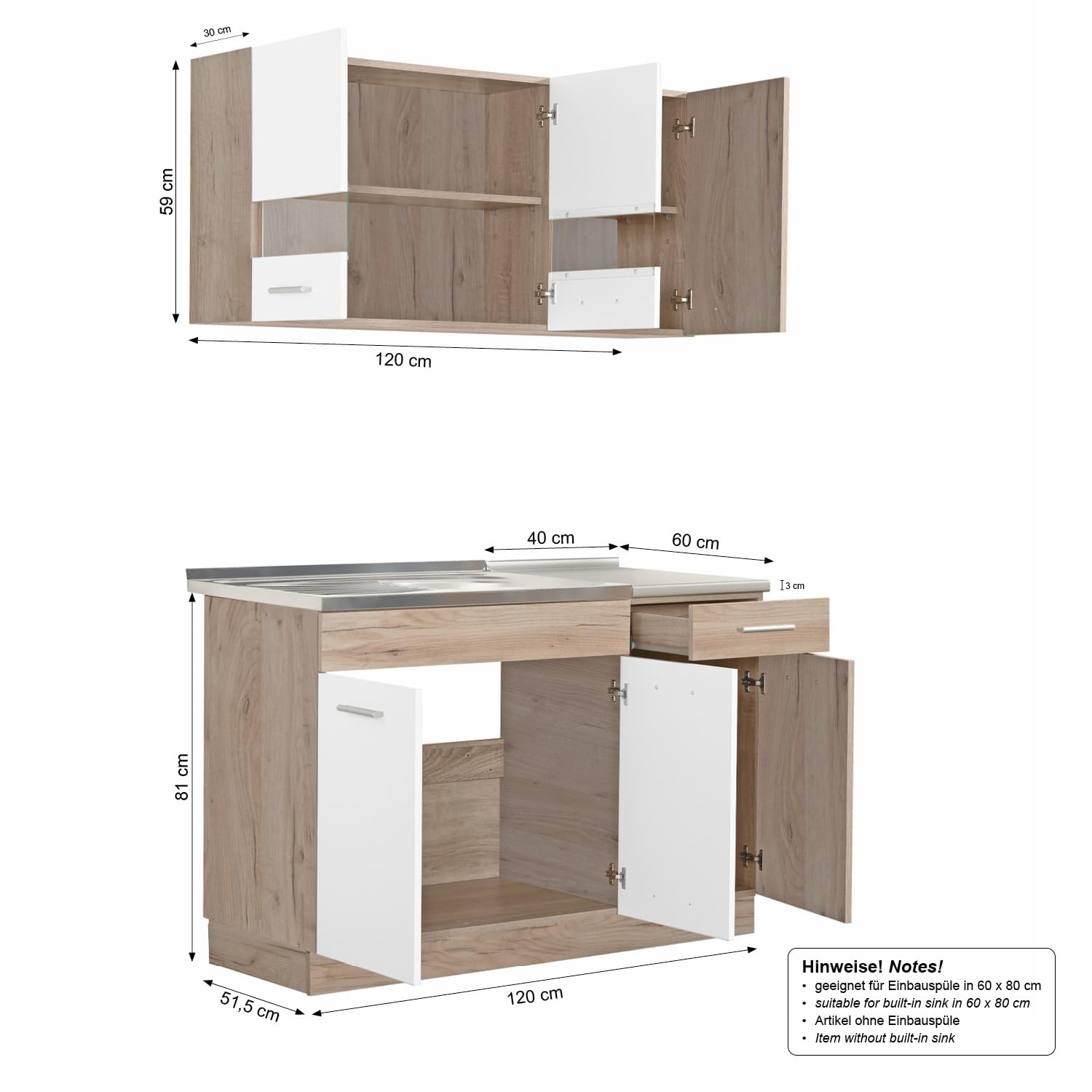 Homestyle4u 2358, Küche Küchenzeile Küchenblock Eiche Holz Weiß Einbauküche Single Küchen Schränke 120 cm