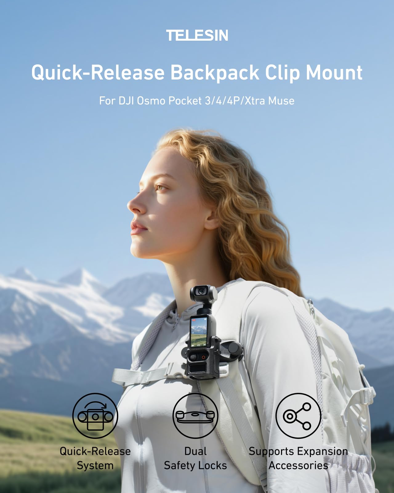TELESIN Rucksackhalterung für DJI Osmo Pocket 4 3, Schnellverschluss Halterung mit Doppelverriegelung, Anti-Rutsch-Silikon-Pad, Kratzfest, Passt auf die meisten Rucksackgurte, Pocket 4 3 POV-Zubehör