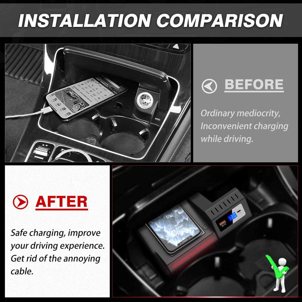 Cargador Inalámbrico Coche Auto para Mercedes-Benz C-Class GLC 2020 2019 2018 2017 2016 Consola Central Panel, 15W Carga Rápida Teléfono Cargador con QC3.0 USB y 18W PD para iPhone Samsung