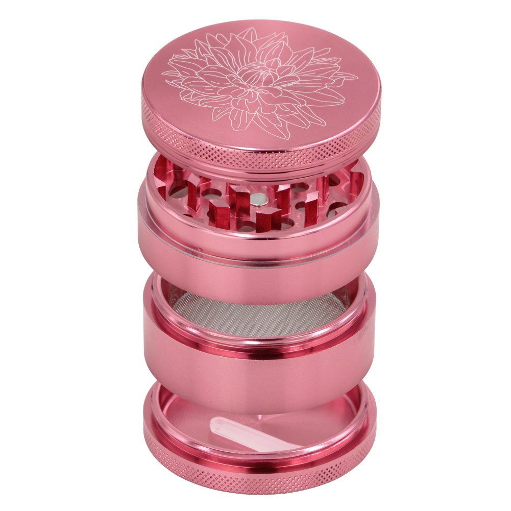 TIRIRS Grinder In Alluminio 6,3 Cm Rosa Fulmine - Macinaerbe 4 Pezzi 3 Camere Con Finestra Magnetica, Raschietto E Spazzola - Macinaspezie Professionale - 5