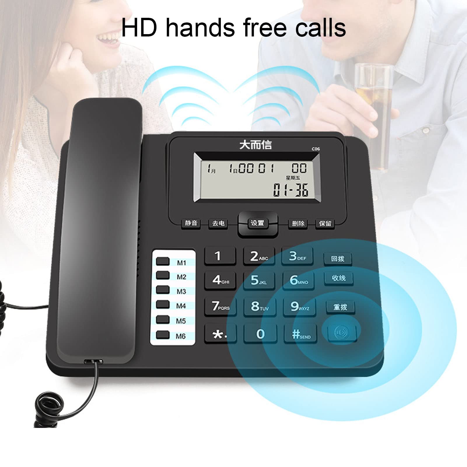 Telefono con Cavo a Pulsanti Grandi, Supporta Selezione Rapida, Sveglia, Id Chiamante e Vivavoce, Display LCD, 6 Pulsanti di Memoria Diretta, Telefono Fisso Aziendale per Hotel Domestici