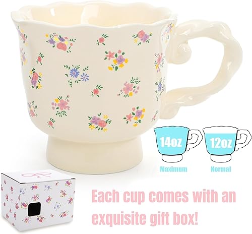 Miniatura 2 de Hiceeden Juego de 2 tazas de café de cerámica floral, tazas de café vintage de 14 onzas con patrón de flores, tazas de café únicas con base para