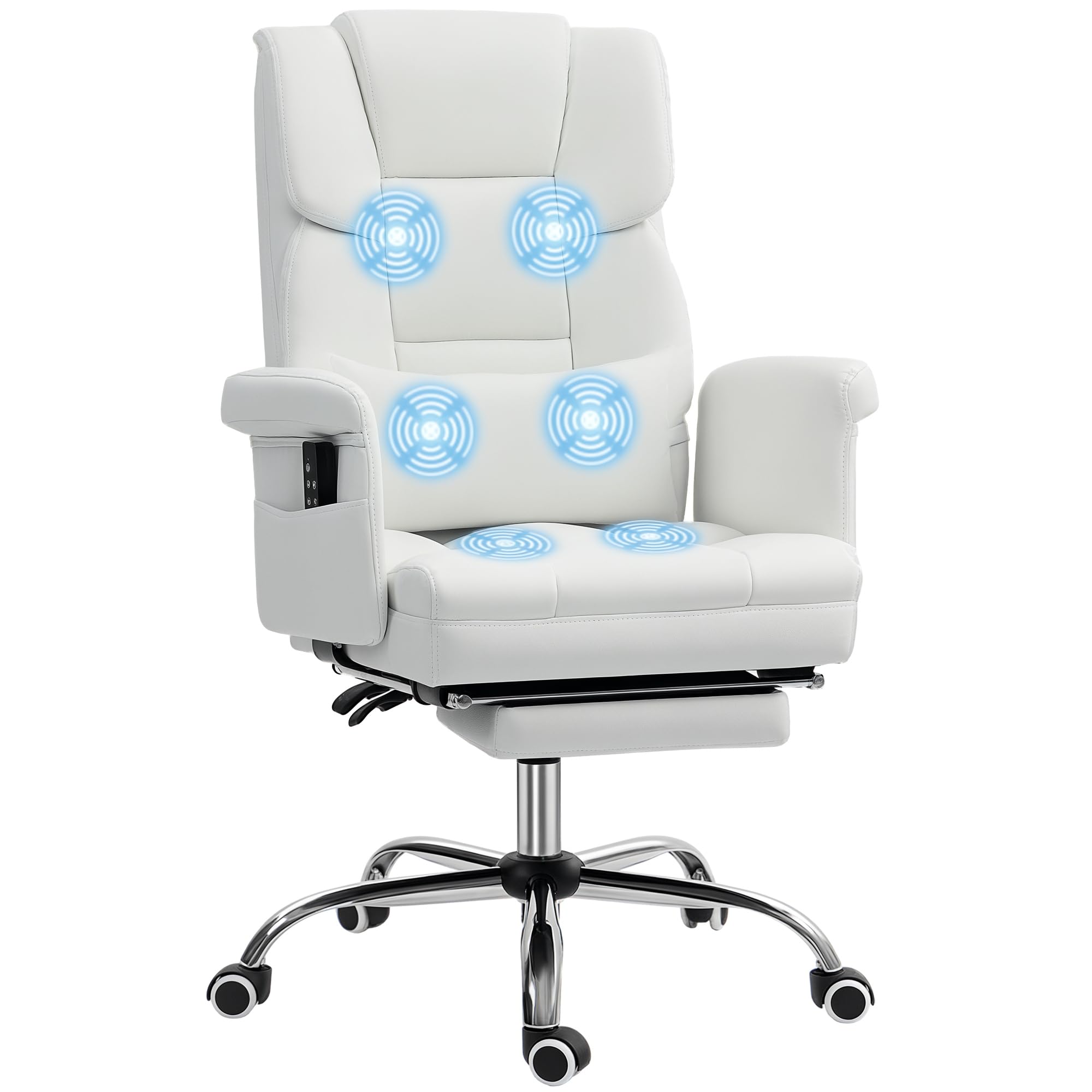 HOMCOM Silla de Oficina con 6 Puntos de Masaje Vibratorio Silla de Escritorio Giratoria con Reposapiés Retráctil Altura Ajustable Control Remoto y Soporte Lumbar Tejido de PU Blanco