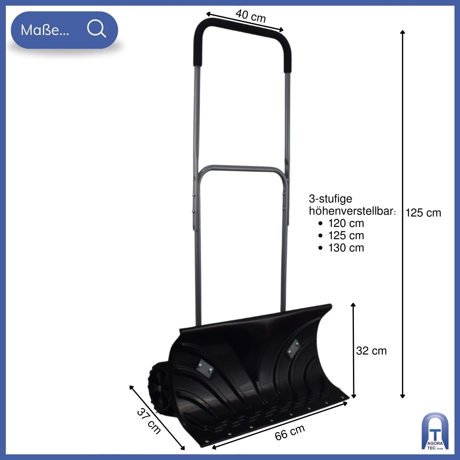 Agora Tec Mobile Pelle chasse-neige amovible en acier avec revêtement en plastique, roulettes et pelle extra-large 66 cm