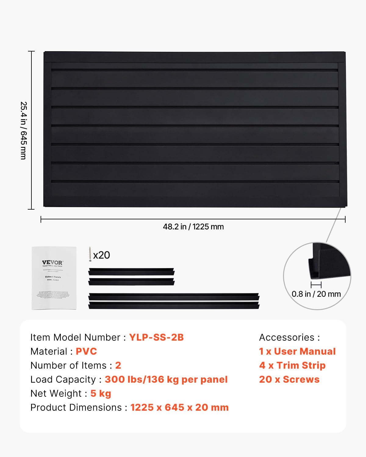 VEVOR Pannelli per Pareti a Doghe Modulare Regolabile Nero 1225 x 645 x 20 mm