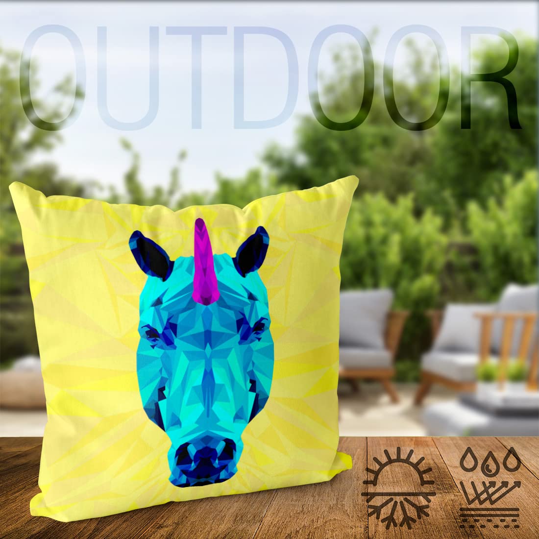 VOID Jednorożec Polygon Unicorn poszewka na poduszkę do użytku wewnątrz i na zewnątrz, poduszka o wymiarach 80 x 80 cm; kolor poduszki: żółty