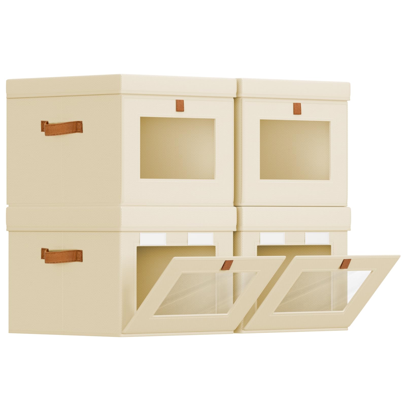 Homsorout Fabric Storage Boxes with Lids - 4 Pack Wardrobe Organiser Baskets with Handles, Foldable Side Opening Containers Decroative for Narrow Space, Bedroom, Shelves, Underbed, Beige