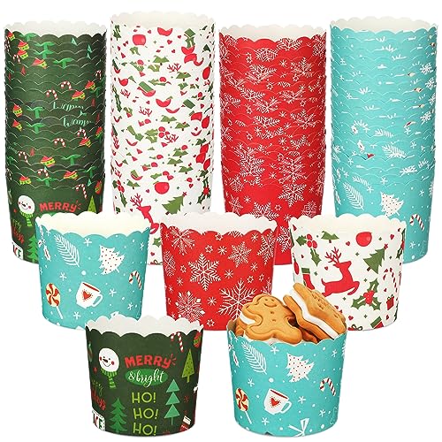 Uiifan 200 Pcs 6 oz Muffin Cupcakes Christmas Baking Paper Cups Greaseproof Christmas Muffin Cups 4 Styles Xmas Baking Paper Cup Supplies for Cake Balls Candies Party